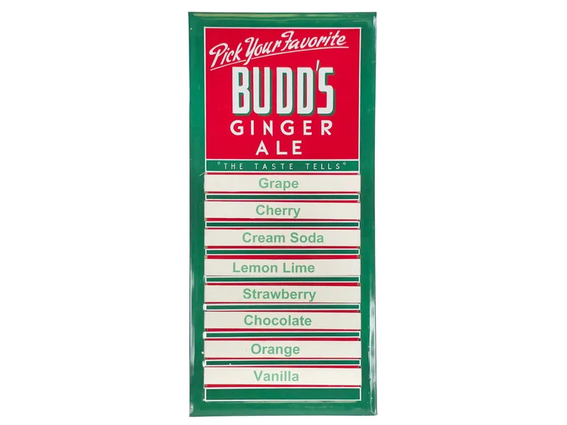 Budd's Gingerale Menu Board Tin Over Cardboard from auction in Myakka City, Florida
