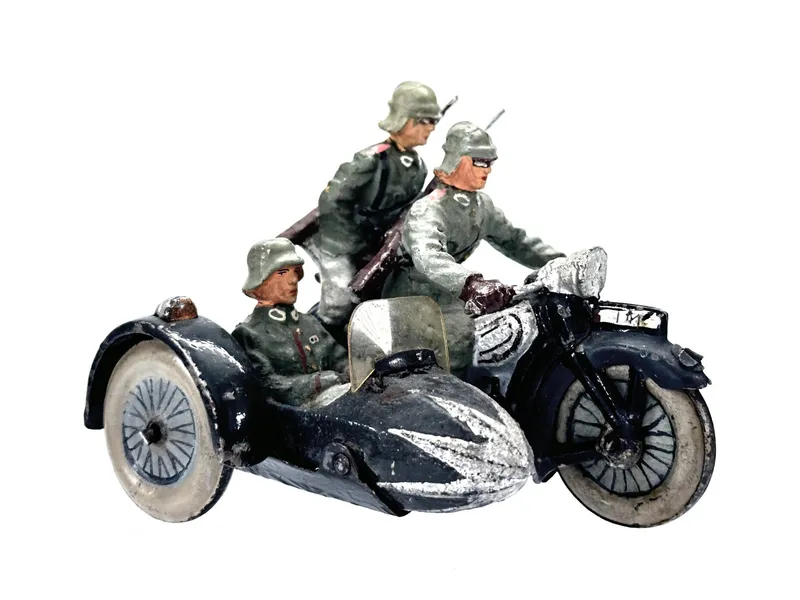 (2) Elastolin/Lineol WWII German Motorcycle with Sidecar and Soldier from auction in Myakka City, Florida