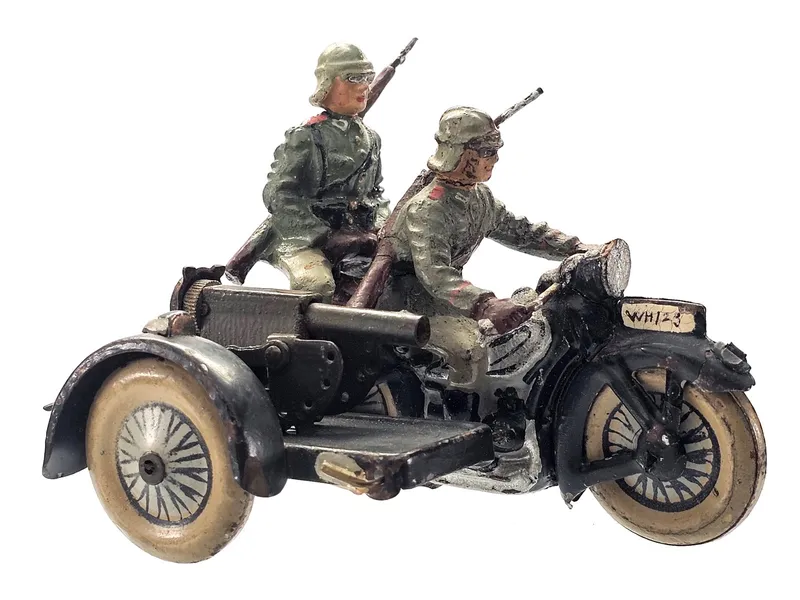 (2) Elastolin/Lineol WWII German Soldiers on Motorcycle with Sidecar & Cannon Gun Mortar from auction in Myakka City, Florida
