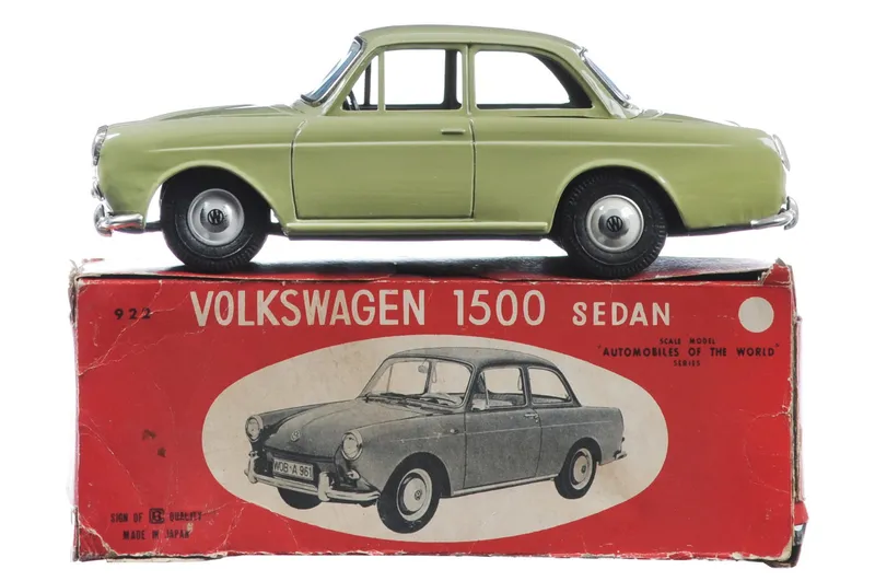 Bandai Volkswagen 1500 Tin Sedan, Japan in Unusual Green Boxed from auction in Myakka City, Florida