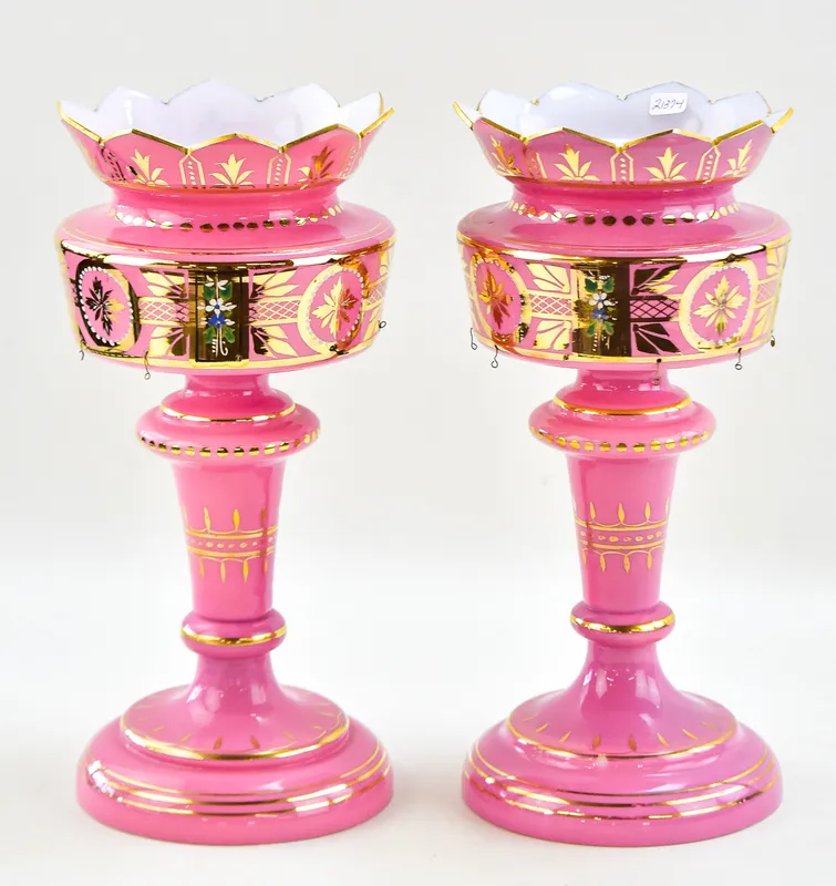 BOHEMIAN PINK OPALINE MANTEL LUSTER PAIR from auction in Aurora, Oregon