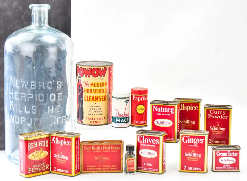 SPICE CONTAINERS, POW WOW CLEANER, AND NEWBRO'S HERPICIDE GLASS BOTTLE from auction in Aurora, Oregon