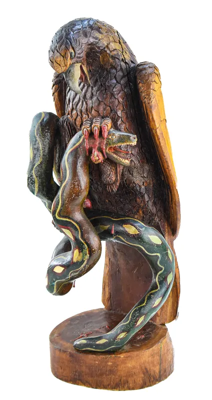 FOLK ART HAND-CARVED COPAL POLYCHROME EAGLE AND SERPENT SCULPTURE from auction in Aurora, Oregon