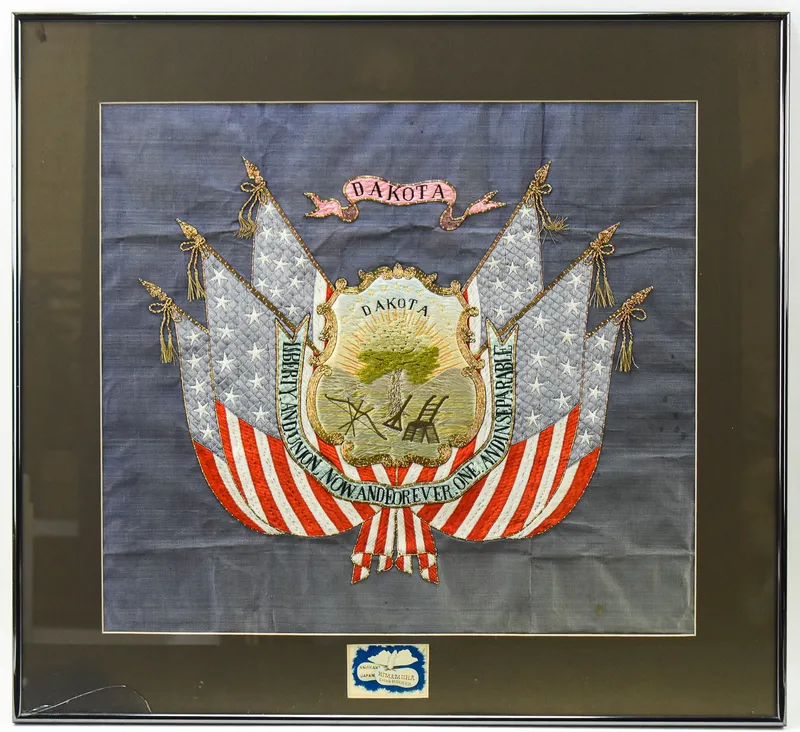 H. IMAMURA FRAMED DAKOTA TERRITORY COAT OF ARMS EMBROIDERY from auction in Aurora, Oregon