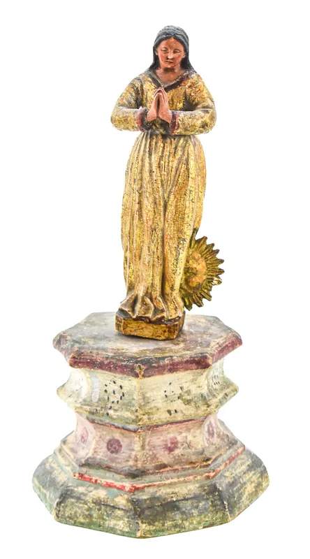 SPANISH COLONIAL REVIVAL, OUR LADY OF GUADALUPE POLYCHROME SANTOS FIGURE from auction in Aurora, Oregon