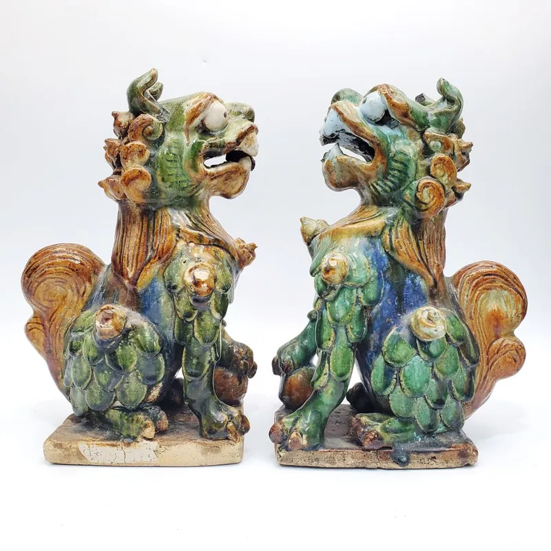 Pair of Chinese Old Glazed Terracotta Foo Lions from auction in East Meadow, New York