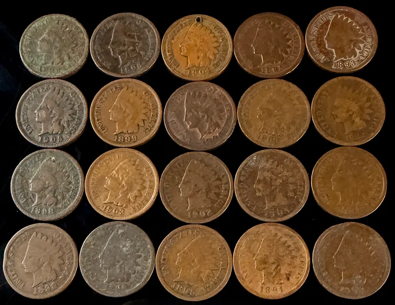 A Group of US Indian Head One Cent Coins Dated 1891 to 1905 from auction in Campbell, New York