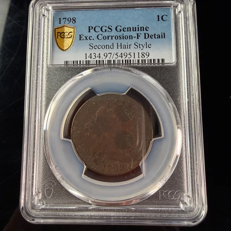 US 1798 Draped Bust Large Cent Second Hair Style PCGS Genuine F Detail from auction in Campbell, New York