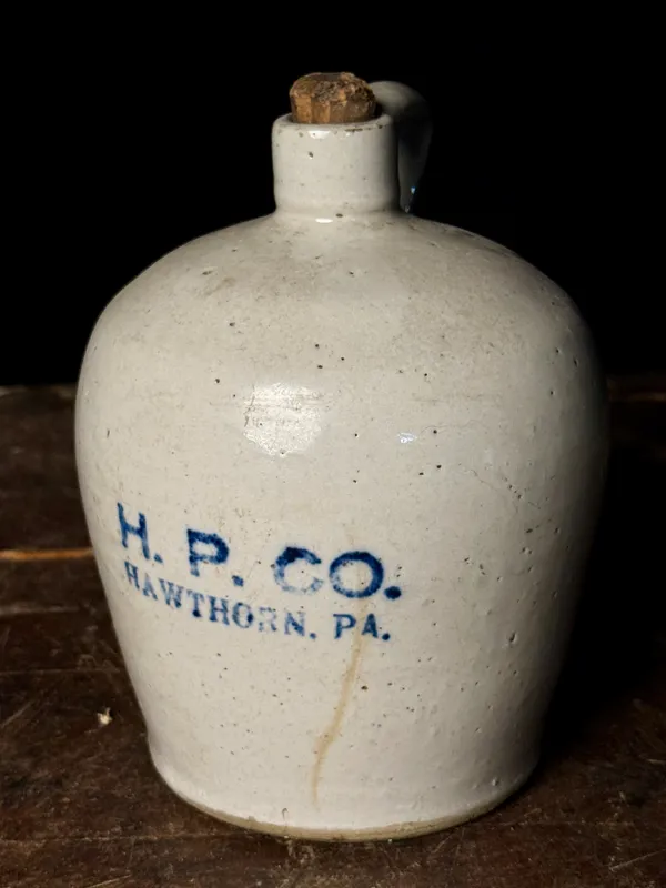 Miniature Stenciled Stoneware Jug, Hawthorn Pottery Company, Hawthorn, Pennsylvania from auction in Campbell, New York