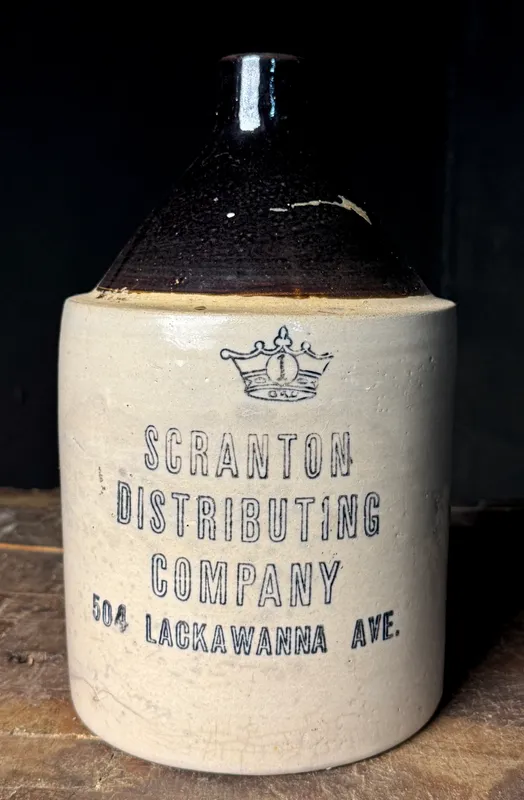 One-Gallon Scranton Distributing Company Two-Tone Stoneware Advertising Jug from auction in Campbell, New York