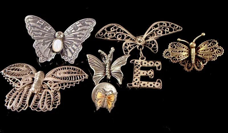 Six Vintage Butterfly Brooches and Pins including Sterling Silver and Filigree from auction in Campbell, New York