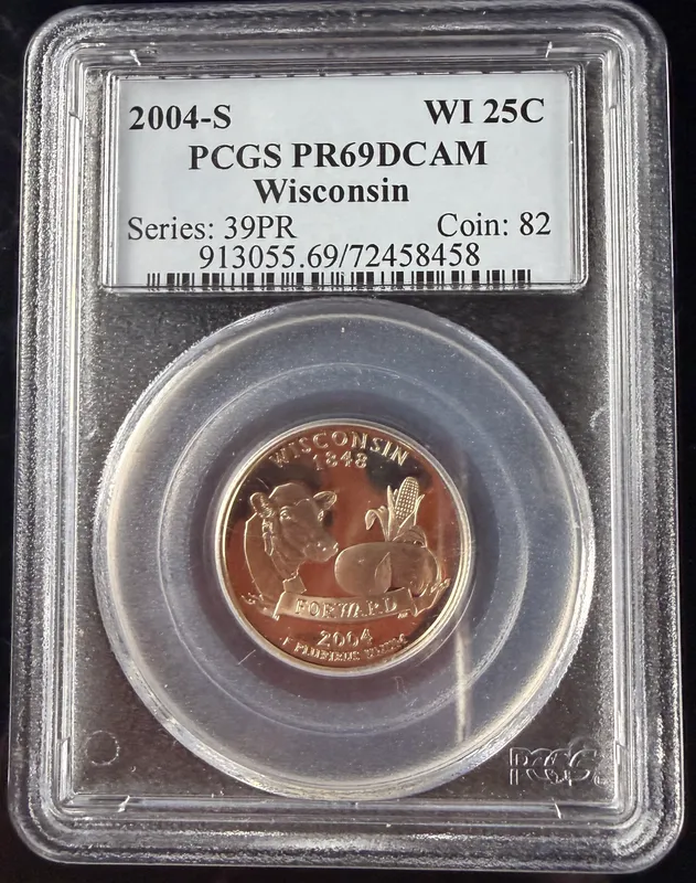 2004-S US Wisconsin State Quarter PCGS PR69DCAM from auction in Campbell, New York