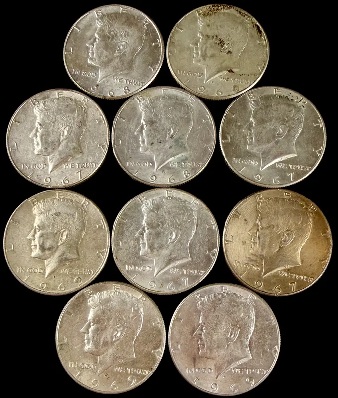 A Collection of US Kennedy Half Dollars, 1967-1969 from auction in Campbell, New York