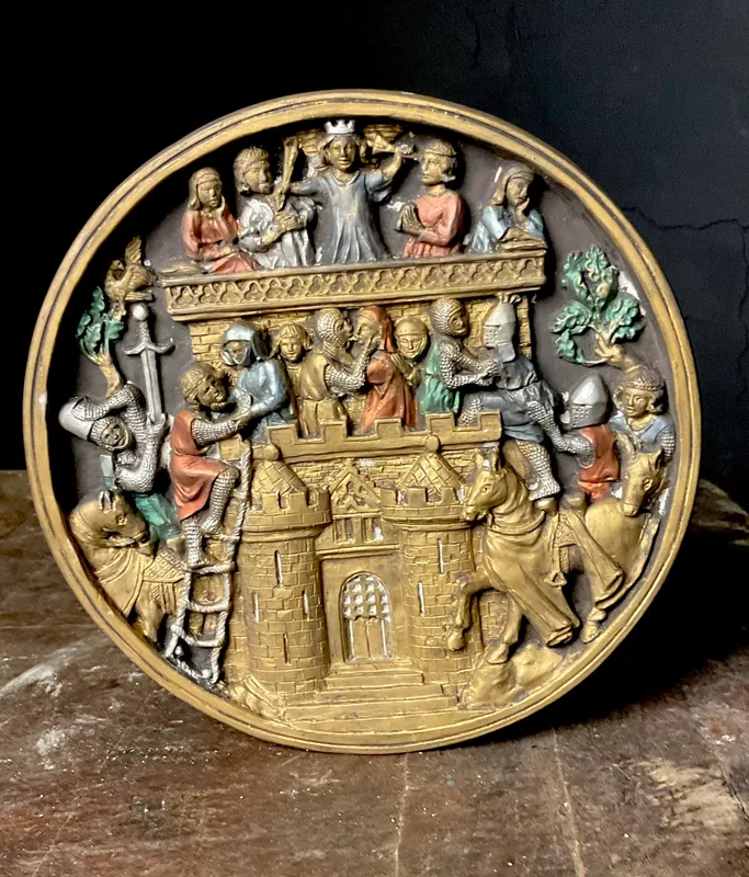 Late 20th Century Marcus Designs The Castle of Love Medieval Style Cast Relief Wall Plaque from auction in Campbell, New York