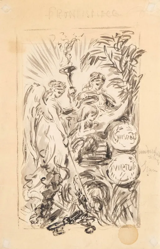 Allegory of Wisdom and Virtue 19th Century French Ink and Wash Painting on Paper - No Reserve from auction in Kingston, New York