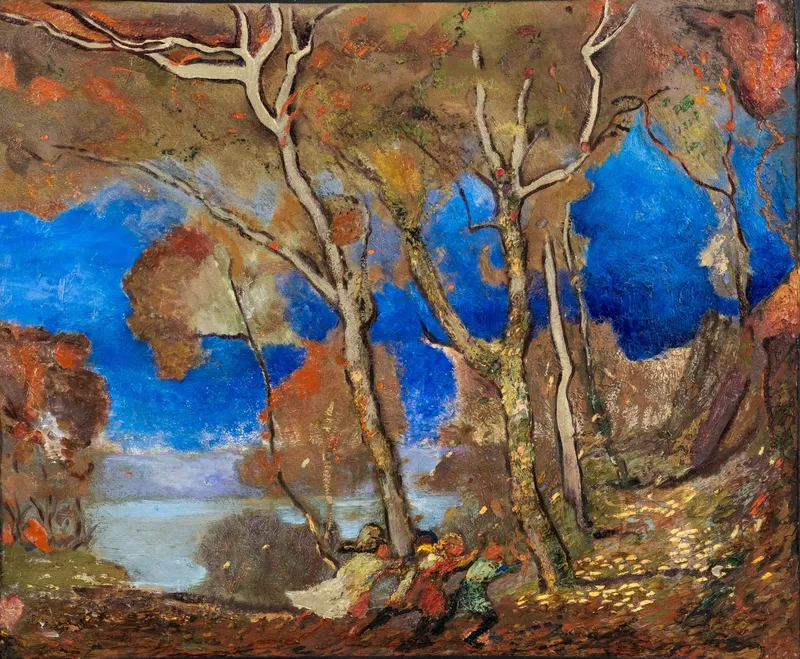 Van Dearing Perrine, 'Autumn Landscape' Children Playing Oil on Canvas Painting from auction in Kingston, New York
