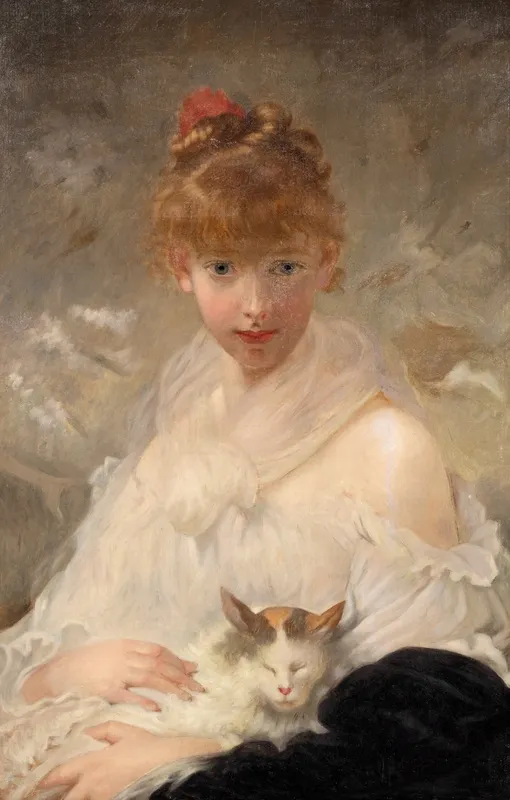 Charles Joshua Chaplin, 'Young Girl with a Cat' Oil on Canvas Painting from auction in Kingston, New York