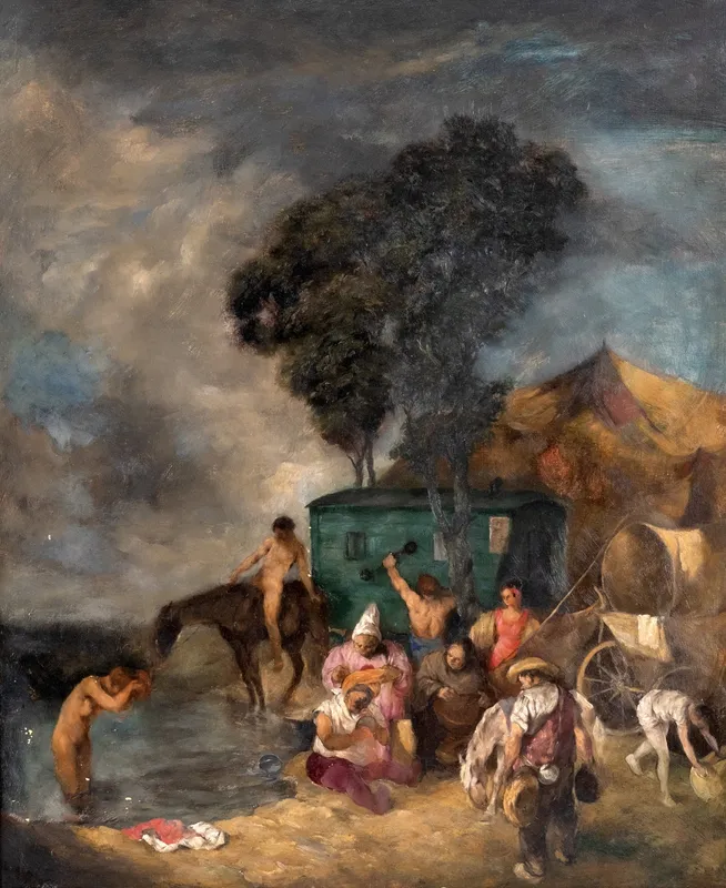 Erhard Amadeus Dier, Circus Encampment Signed Circa 1920 Oil on Panel Painting - No Reserve from auction in Kingston, New York