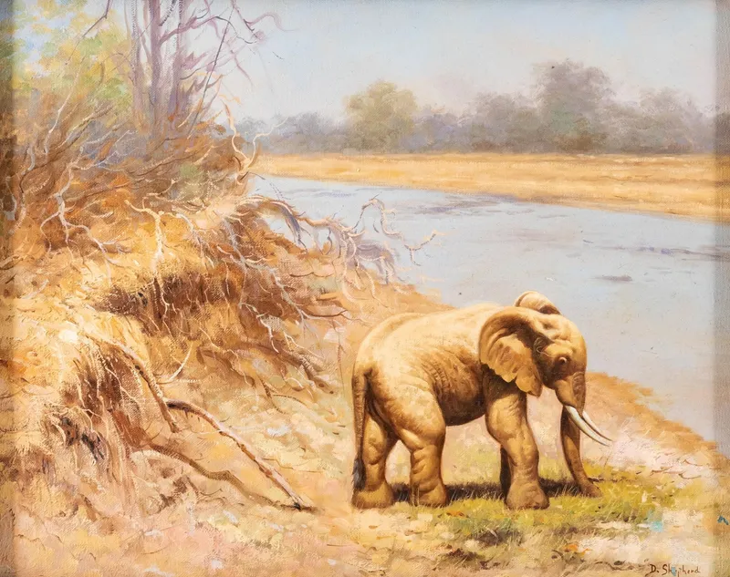 David Shepherd Standing African Elephant at River's Edge Signed Oil on Canvas Painting - No Reserve from auction in Kingston, New York