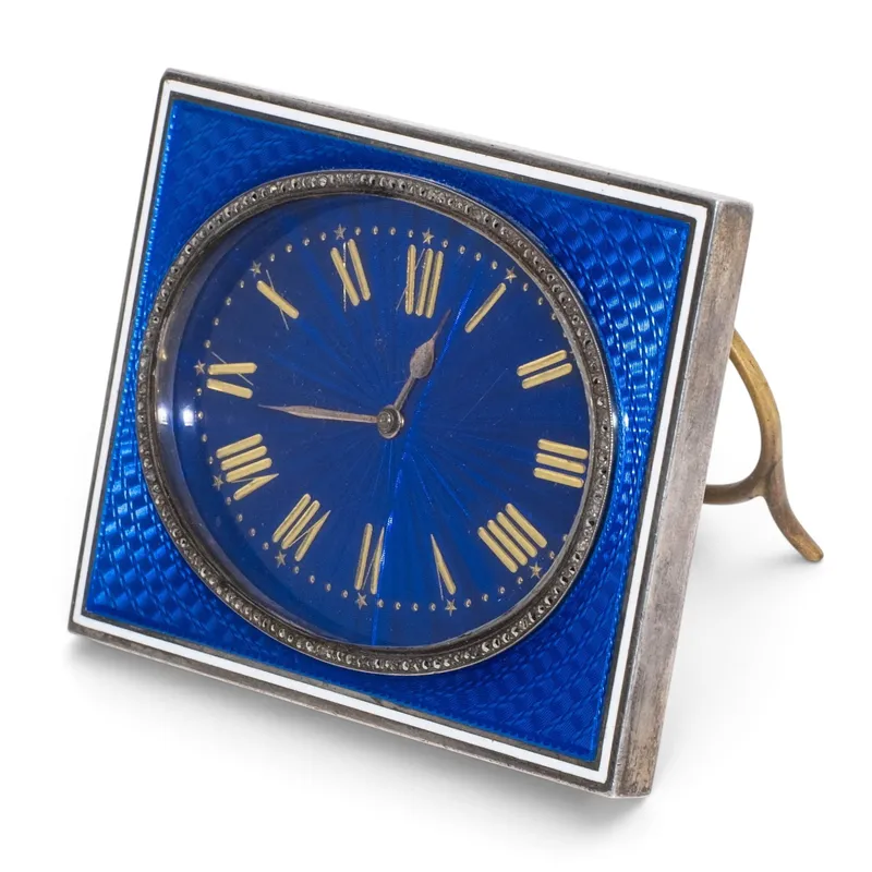 Alphonse Comman French Art Deco Silver and Enamel Desk Clock, Lyon, Early 20th Century from auction in Kingston, New York