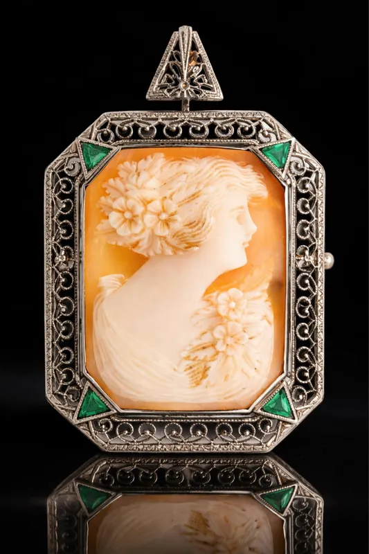 14K White Gold Shell Cameo Convertible Brooch Pendant - No Reserve from auction in Kingston, New York