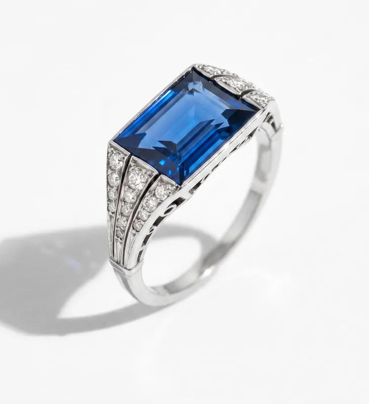 Fine French Art Deco Platinum Sapphire and Diamonds Ring from auction in Kingston, New York