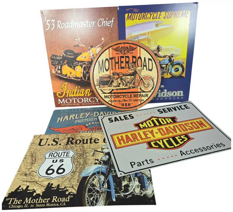 Six Contemporary Harley-Davidson and Indian Motorcycle Themed Metal Signs from auction in Lancaster, Ohio