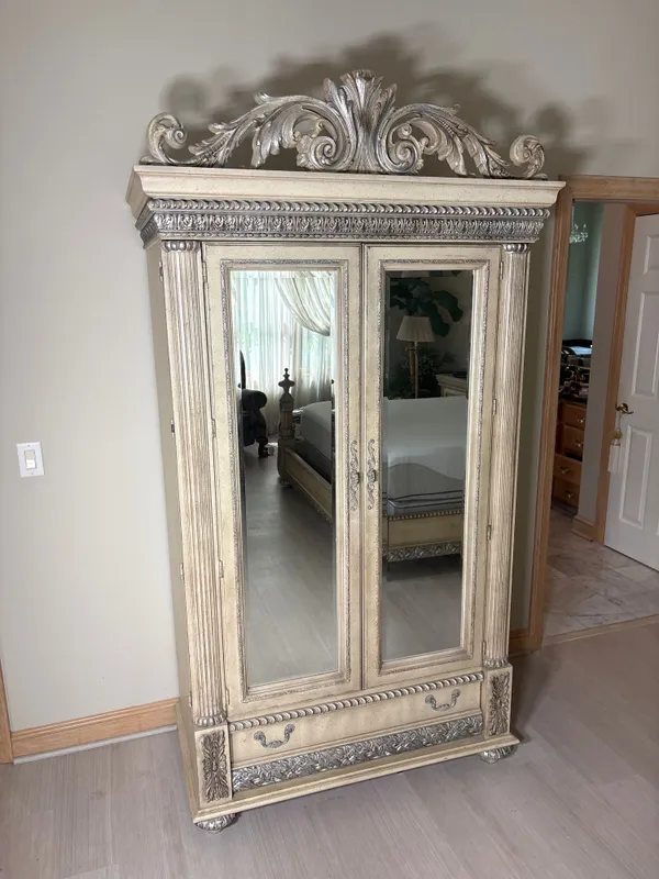 Large Ornate Mediterranean Revival Mirrored Armoire from auction in Lancaster, Ohio