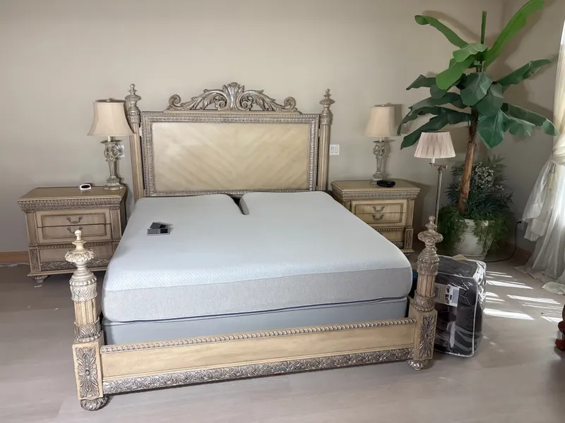 Mediterranean Style Ornate King Bedroom Suite Including Sleep Number i8 Mattress and Accessories from auction in Lancaster, Ohio