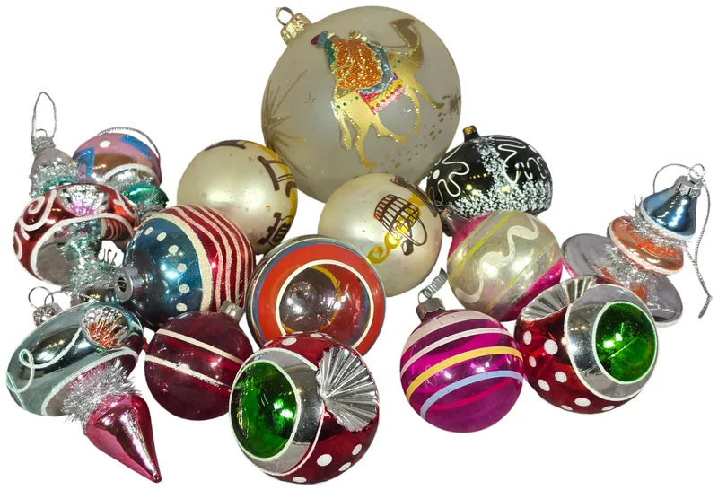 Vintage Glass Christmas Ornaments Including a Large Frosted Camel Ball and Stenciled Examples from auction in Lancaster, Ohio