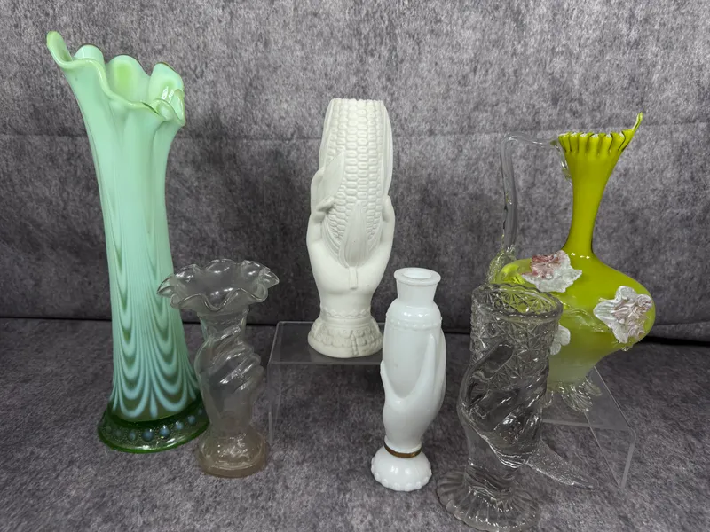 An Assortment of Victorian and Art Glass Vessels Including a Northwood Drapery Vase and Hand Vases from auction in Lancaster, Ohio