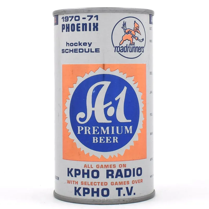 A-1 Beer 1970-71 Phoenix Roadrunners Hockey Schedule Bank Top from auction in Brimfield, Massachusetts