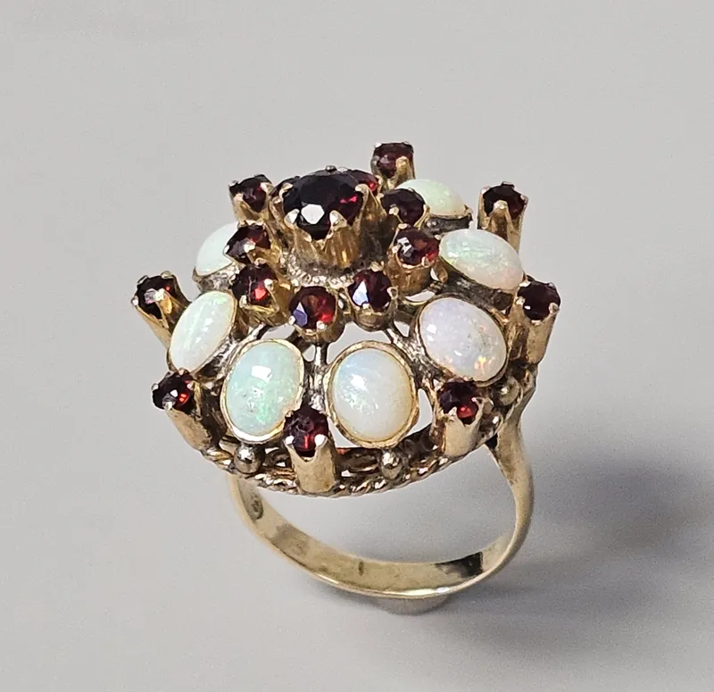 14K Gold Opal Garnet Princess Ring 7.4 Grams from auction in Okemos, Michigan