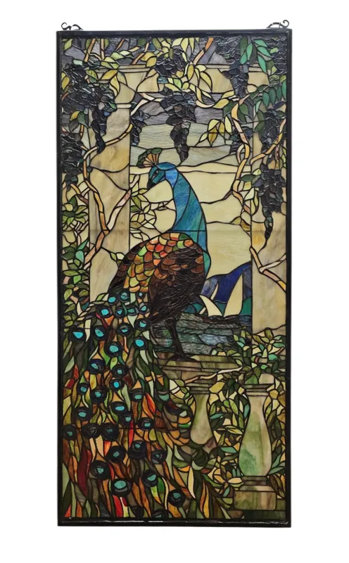 Tiffany Style Stained Glass Window Peacock & Wisteria from auction in Okemos, Michigan