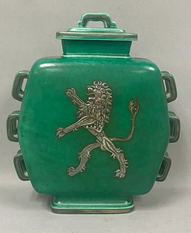 Gustavsberg Argenta Green Lion Rampant Urn from auction in Okemos, Michigan